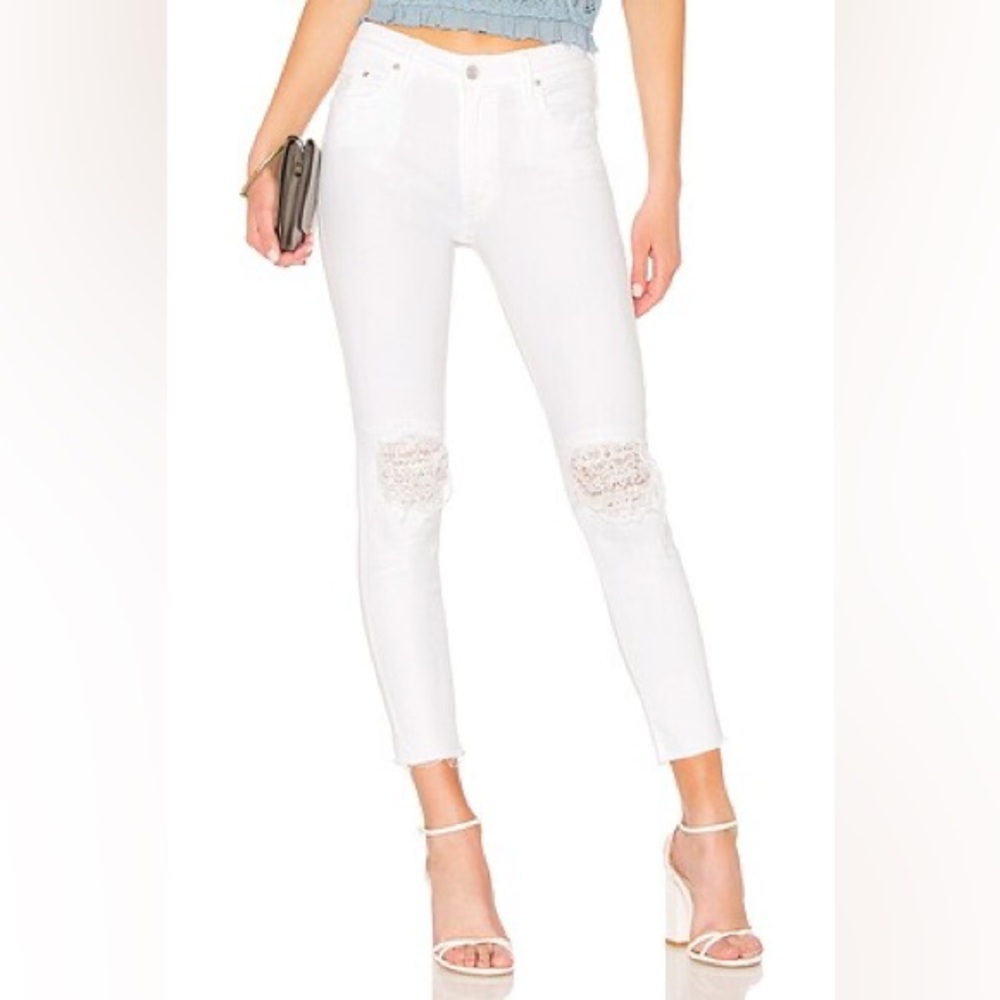 MOTHER High Waisted Looker Ankle Fray Little Miss Lacey‎ White Jeans Size 26
